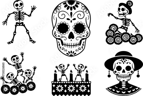 6 silhouette bundle of Skeleton bride, Skull frame, Flower arch, Candle set, Parade couple, Festival arch