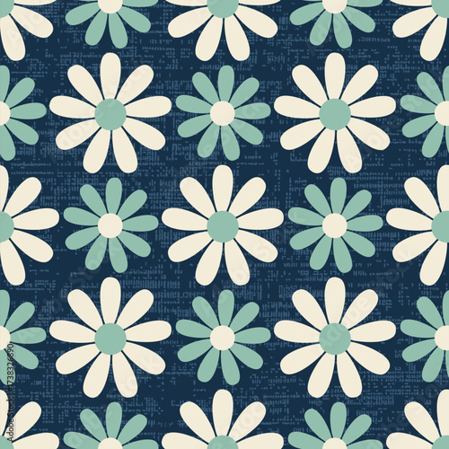 Turquoise floral, retro daisy seamless vector pattern with alternating cream and muted sage green flowers on a deep navy textured background.