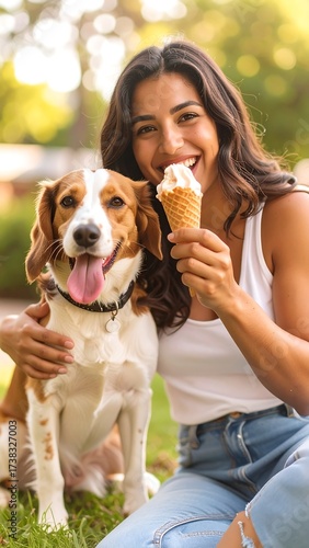 Woman and dog enjoying ice cream in park
