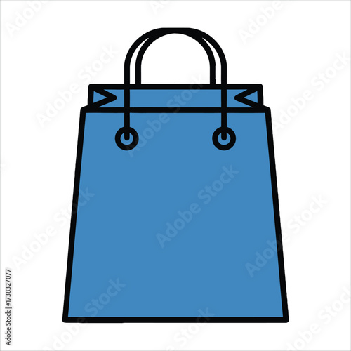 Graphic illustration of a blue shopping bag with black outline and handles on a white background