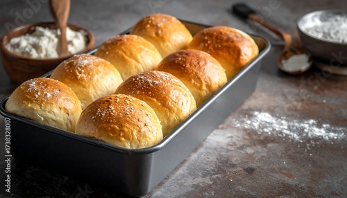 Freshly baked dinner rolls in a metal pan