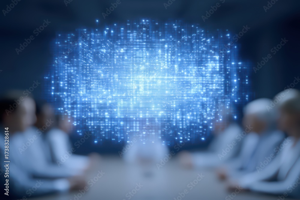 Fototapeta premium Business meeting with digital transformation concept featuring data visualization and futuristic technology background