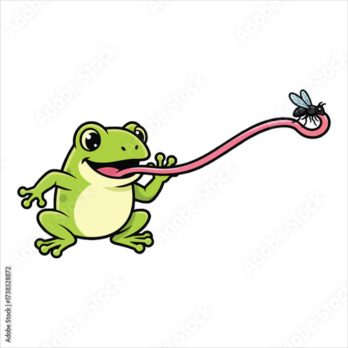 Cartoon frog with an extended tongue catching a fly on a white background