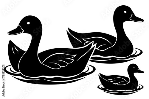 A duck family swimming in a calm pond