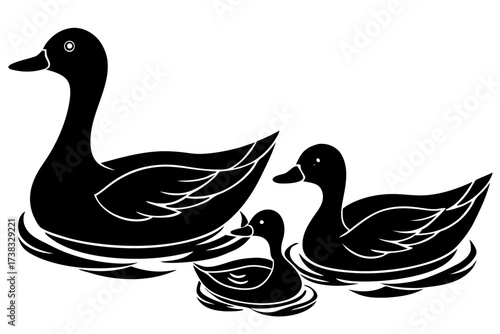 A duck family swimming in a calm pond