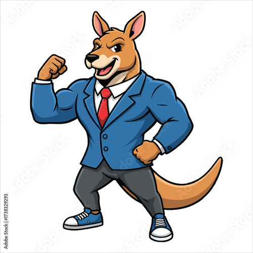 Confident cartoon kangaroo wearing a blue blazer and red tie flexing its arm