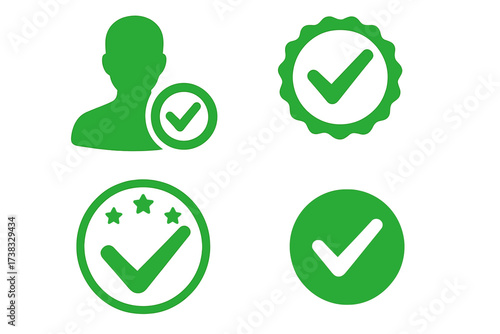 Approved icons set. Profile verification concept. Accept badge and quality icon with check mark. Certified user symbol and guarantee sticker with tick vector illustration.