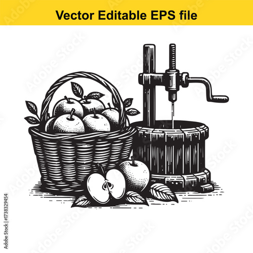 Vector art of vintage apple press with basket of apples