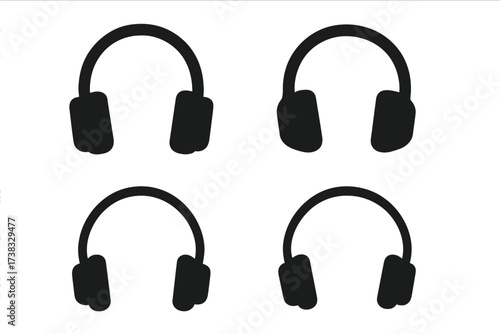 Headphone icon set. Vector illustration of audio headsets. Music, sound, listen, audio, podcast concept. Black silhouette symbol for web, app, ui. Earphone, call center, dj.