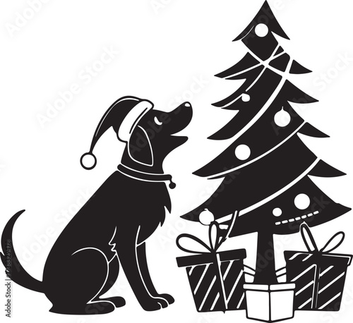Vector silhouette of a playful dog wearing a Santa hat