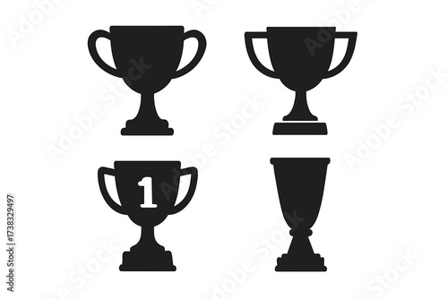 Black trophy cup icon set for winners. Vector collection of prize awards for first place champions. Silhouette symbol of success, victory, and achievement in competition.