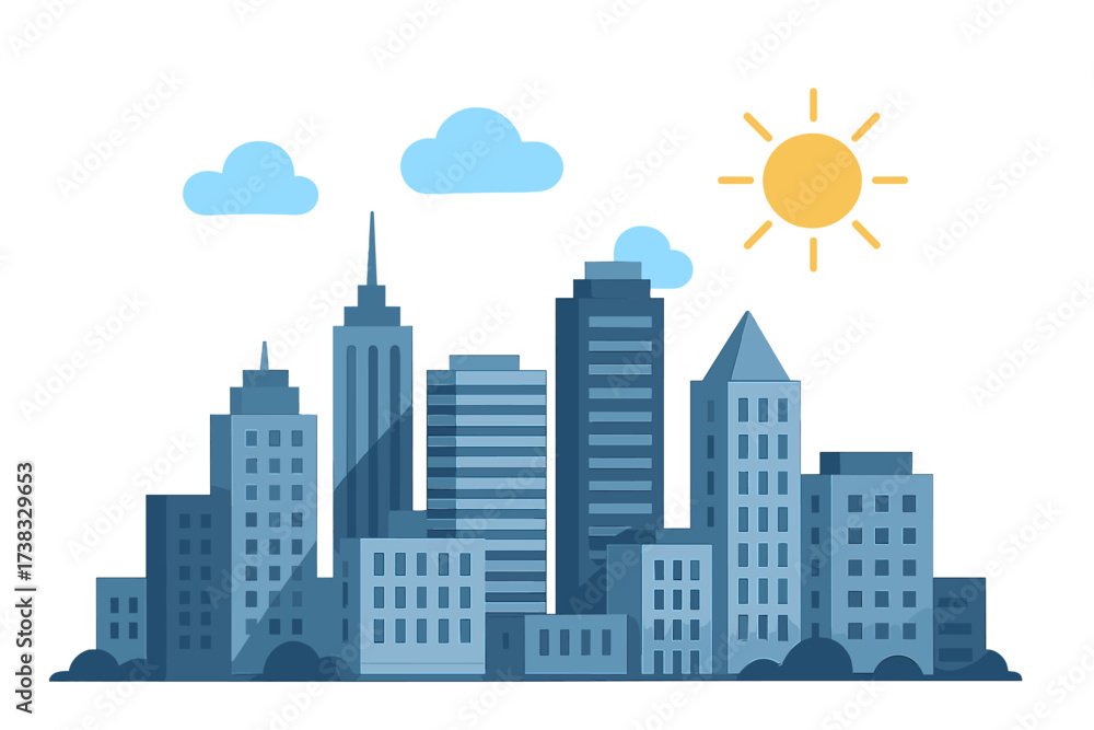 Naklejka premium Cityscape skyline with skyscrapers and sun. Flat design vector illustration of a modern city on a sunny day. Urban architecture background. Downtown panorama with buildings.