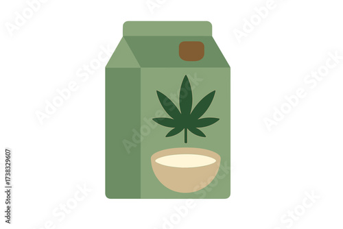 Hemp milk carton flat icon. Vector illustration of a plant-based, dairy-free drink. Vegan, healthy, organic beverage package with a cannabis leaf. Non-dairy alternative milk.