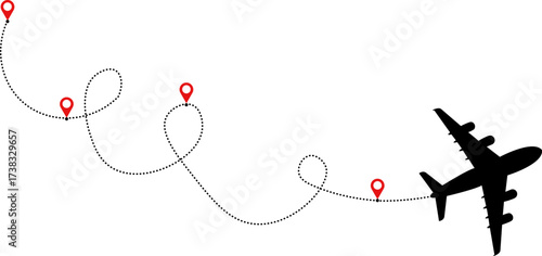 Airplane Timeline Trail with Pin | Dashed Line Travel Path Roadmap Infographic Template | Vector Illustration