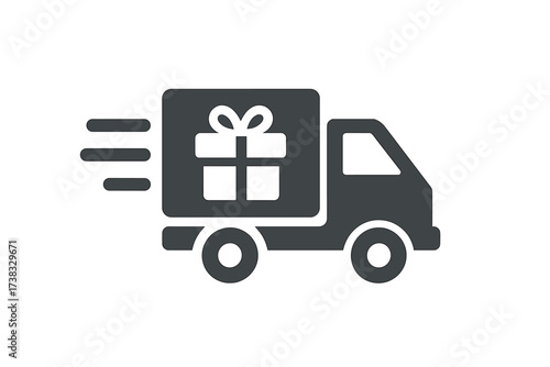 Fast delivery truck with gift icon. Express shipping service for online shopping. E-commerce logistics symbol. Quick transport of a present, parcel, or package for birthday.