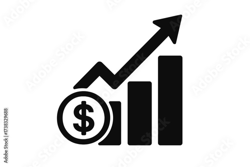 Cost rising icon. Price increase symbol. Financial growth graph with arrow up and dollar coin. Vector concept for inflation, revenue, profit, investment and sales growth.