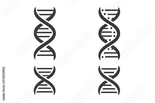 DNA strand icon set. Vector illustration of a double helix. Genetics, biology, and science symbol. Chromosome and gene concept. Genetic mutation, damage and repair design.