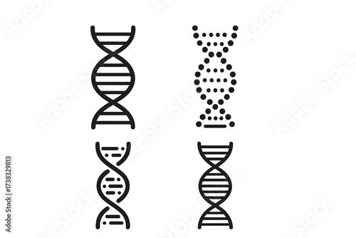 DNA strand abstract symbol collection. Vector icon set of genetic helix, chromosome, and gene structure. Biology, science, and medicine pictogram for biotechnology research.