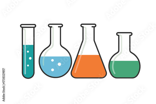 Set of laboratory glassware vector icons. Chemistry science equipment for experiment, research or analysis. Test tube, Erlenmeyer and boiling flask with colored liquid solution.