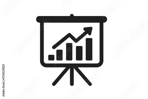 Presentation board with growing bar chart icon. Business graph with arrow up. Concept of success, financial growth, progress, sales report, and data analysis. Statistics.