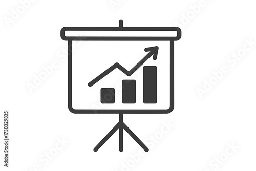Presentation screen with growth chart icon. Business success graph. Financial report with data analysis. Statistics infographic for marketing strategy. Arrow up symbol.