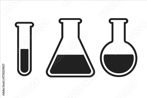 Set of laboratory glassware icons. Vector illustration of test tube, Erlenmeyer flask and beaker for chemistry science experiment. Chemical research and analysis concept symbol.