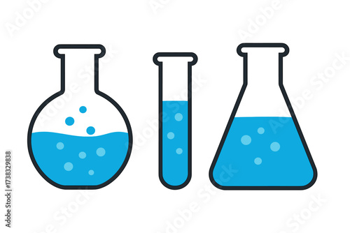 Laboratory glassware vector set. Erlenmeyer flask, test tube, boiling flask icon. Chemistry experiment. Scientific research. Medical analysis. Chemical solution with bubbles.