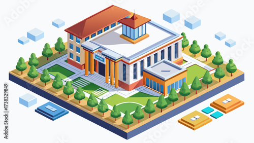 Vector isometric infographic element or university building. Flat illustration on white background