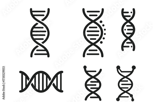 DNA strand symbol set vector illustration. Abstract gene helix icons for science, biology and medical design. Genetic chromosome sign collection for biotechnology concept logo.
