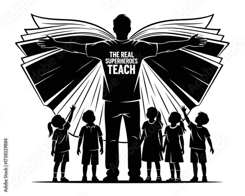 Illustrative emblem of a heroic teacher guiding young students with knowledge