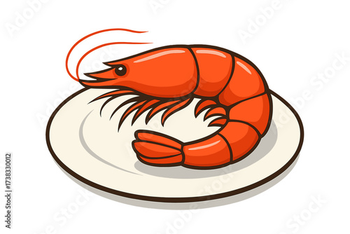 Cooked shrimp on a plate vector illustration. Red prawn seafood delicacy icon for restaurant menu or market. Cartoon style gourmet appetizer, fresh healthy sea food meal.