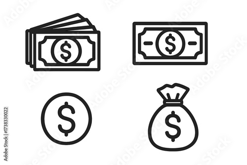 Money icon set. Finance and currency line icons. Dollar sign, cash banknote, coin, and money bag symbols. Vector illustration for business, banking, payment, and wealth concepts.