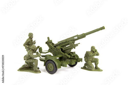 Mini Green Toy Soldiers on white background.