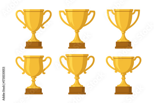 Gold trophy cup vector icon set. Collection of different winner prize cups. First place award symbol for success, championship and victory. Flat design illustration isolated.