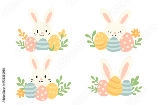 Cute Easter bunny head and ears with colorful eggs and flowers vector set. Collection of cartoon rabbit characters for holiday greeting cards, invitations, and spring decoration.