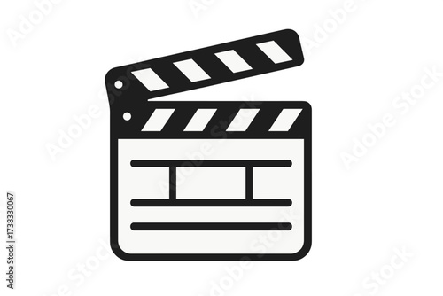 Clapperboard icon. Movie clapper for video production. Film slate board sign. Cinema equipment for director. Action, cut, scene. Hollywood filmmaking entertainment symbol.