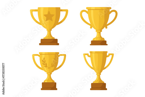 Golden cup trophy icon set. Gold prize collection for the winner. First place champion award. Vector for victory, success, achievement celebration. Isolated graphic element.