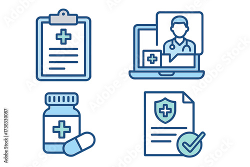 Healthcare and medical online consultation concept. Clinical record, prescription, claim form, and health insurance icons. Telemedicine and digital health vector illustration.