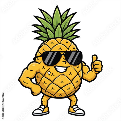 Cartoon illustration of a muscular pineapple wearing sunglasses and giving a thumbs-up on a white background.
