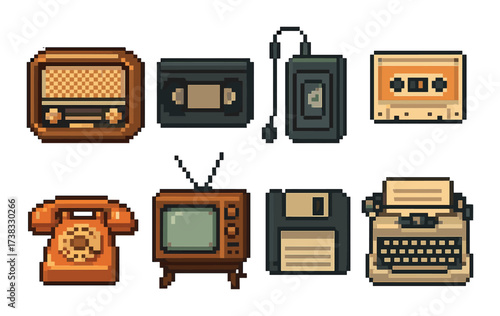 Retro tech icons: vintage gadgets in pixel art style