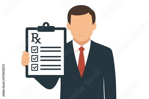 Man holds Rx prescription form. Medical prescription pad. Clipboard with checklist. Questionnaire, survey or task list. Doctor showing health document. Healthcare and medicine concept.