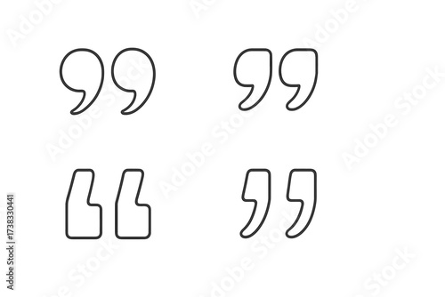 Quotes icon vector collection. Quotemarks outline and speech marks set. Inverted commas for citation, dialogue, and testimonials. Simple line art punctuation symbols.