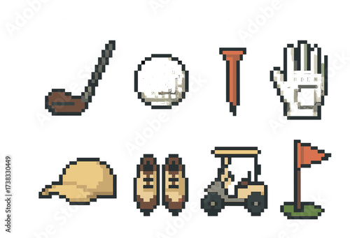 Pixel art golf equipment set: club, ball, tee, glove, cap, shoes, cart, hole flag