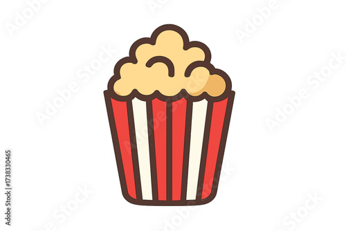 Popcorn in red and white striped box. Vector icon for cinema, movie night. Salty or sweet snack food. Entertainment and film concept. Flat cartoon illustration isolated on white.