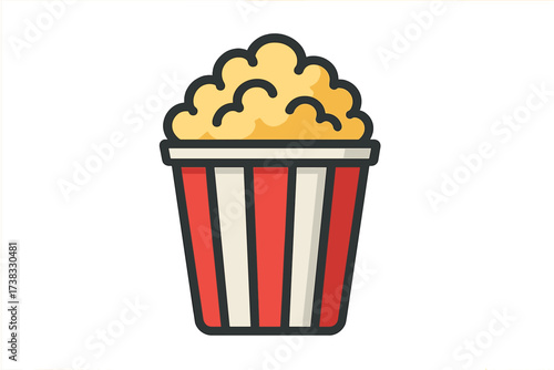Popcorn vector icon in a red and white striped box. Cinema snack food illustration. Movie night entertainment symbol. Flat cartoon design element for film or theater concepts.