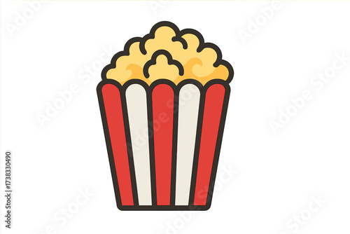Popcorn in classic red and white striped carton bucket. Cinema movie night snack food. Entertainment, festival or carnival fast food treat. Vector flat design icon illustration.