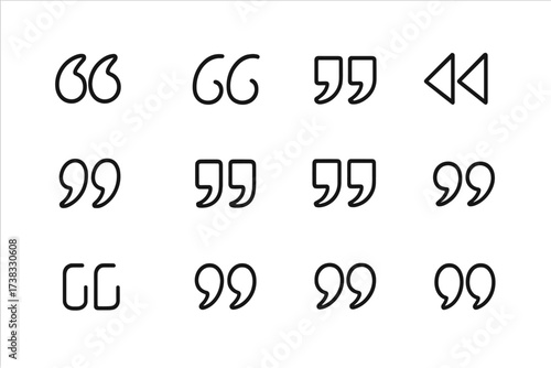 Quote marks vector icon set. Quotemarks, speech marks, inverted commas, talking marks collection. Line art graphic elements for dialogue, citation, testimonials. Punctuation.
