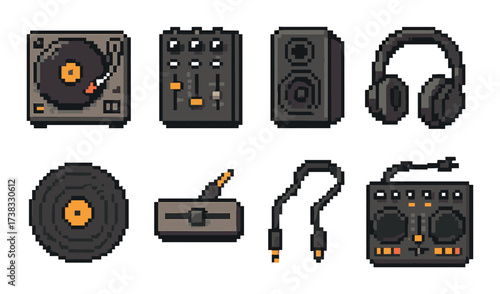 Pixel art: vintage audio equipment and accessories collection on yellow background