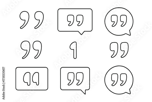 Quotes icon vector set. Quotemarks outline collection. Speech marks, inverted commas, talking marks sign. Line art illustration for citation, dialogue, comment and testimonial.