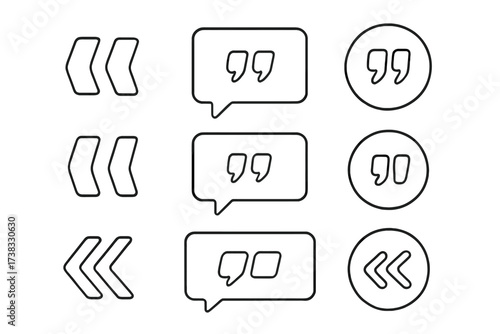 Quote marks icon vector set. Quotation marks outline collection. Speech marks, inverted commas, talking marks symbols. Line art illustration for citation, comment, dialogue.